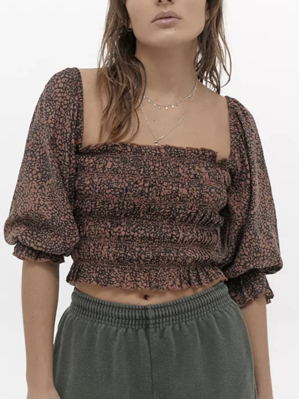 Urban Outfitters Smocked Square-Neck Crop Top in Brown and Black Print